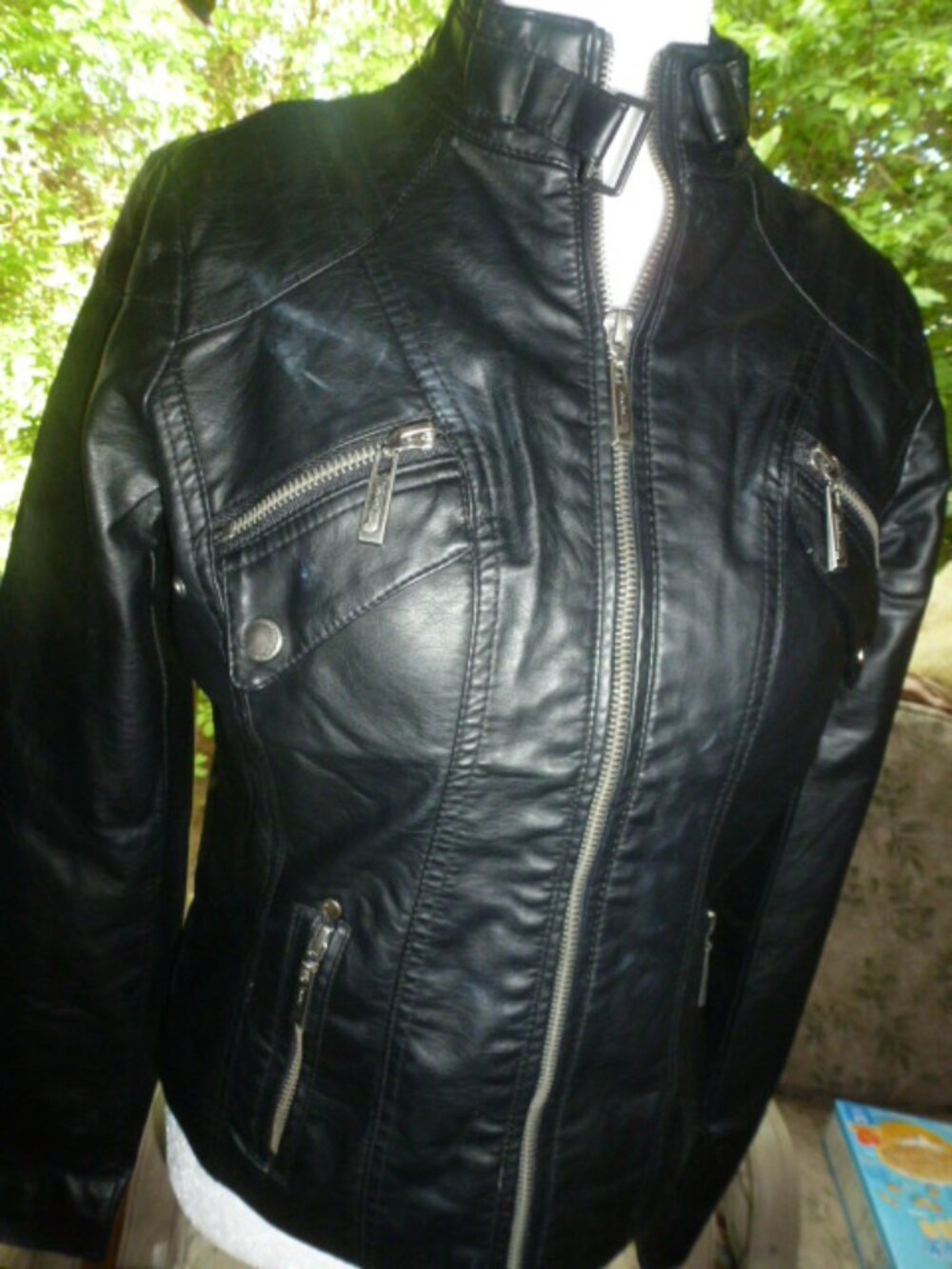 JouJou Women's Faux Leather Moto Black Jacket -Zipper Pockets - Size Small